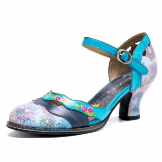 Echtes Leder Retro-schnalle Fashion Floral Colorblock Comfy Mary Jane Heels