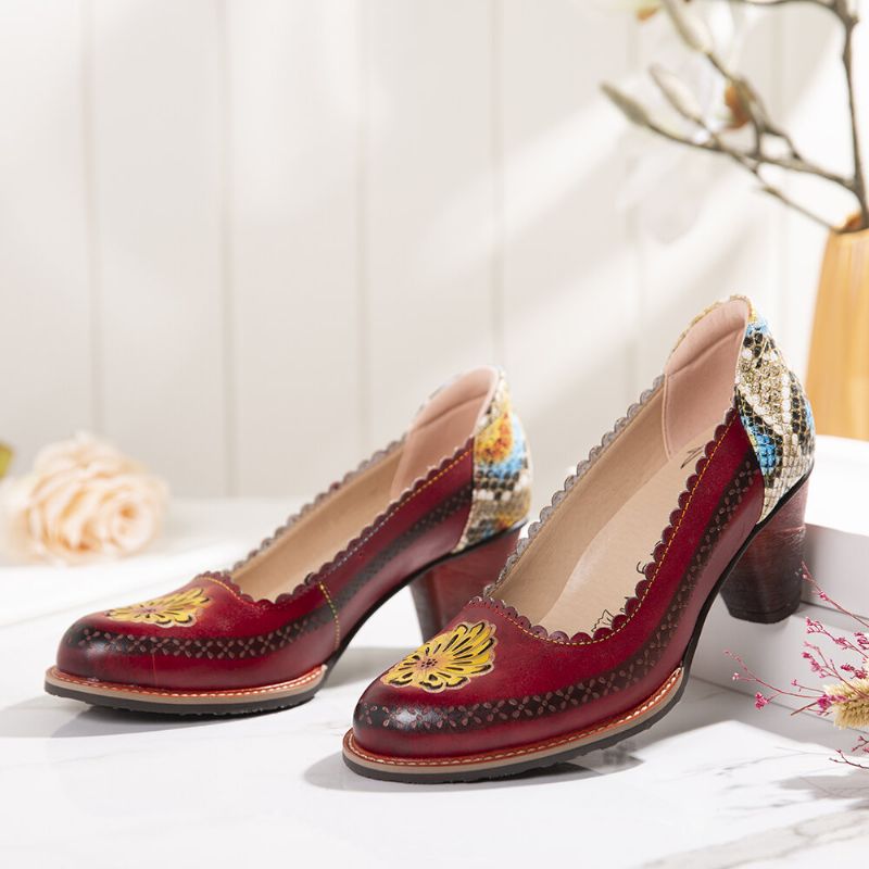 Echtleder-slip-on-pumps Mit Paillettenabsatz Und Retro-blume