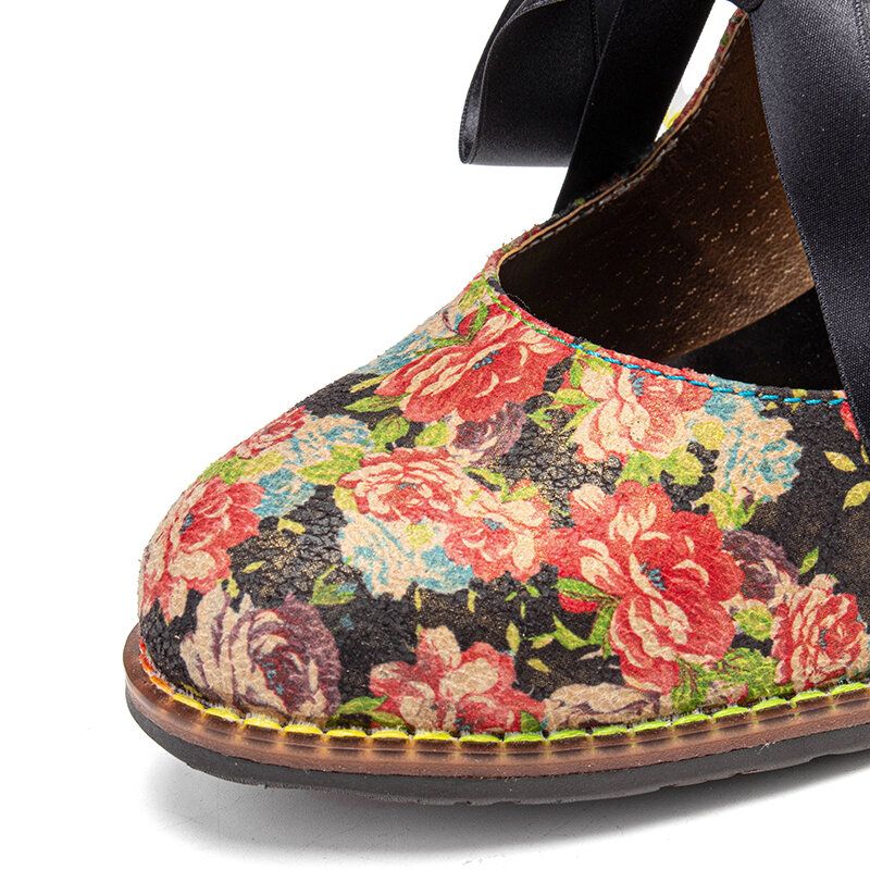 Elegante Anmutige Kleine Blumen Bedruckte Bequeme Tragbare Schnür-pumps Mit Klobigem Absatz