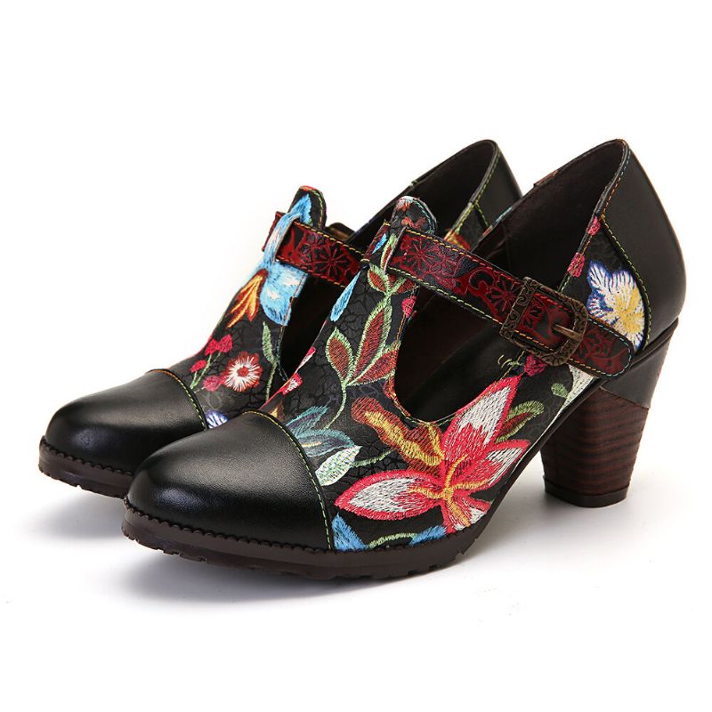 Folkways Bunte Blumennähte Echtes Leder Retro T-riemen Kleid Pumps Für Frauen