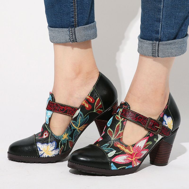 Folkways Bunte Blumennähte Echtes Leder Retro T-riemen Kleid Pumps Für Frauen