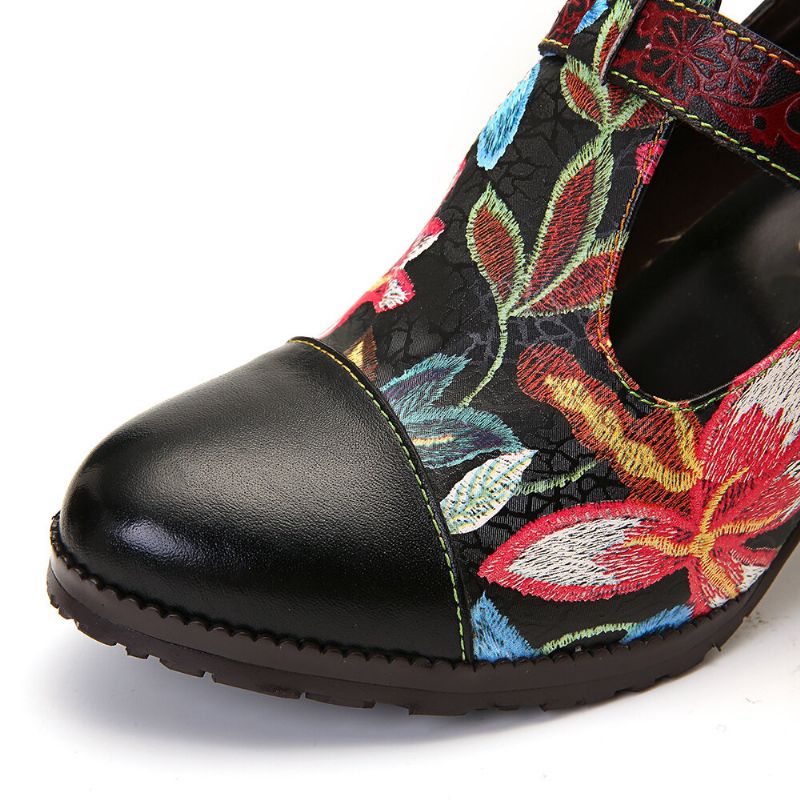 Folkways Bunte Blumennähte Echtes Leder Retro T-riemen Kleid Pumps Für Frauen