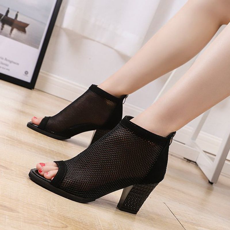 Frauen Casual Mesh Atmungsaktive Chunky Heel Aushöhlen Peep-toe Pumps Schuhe