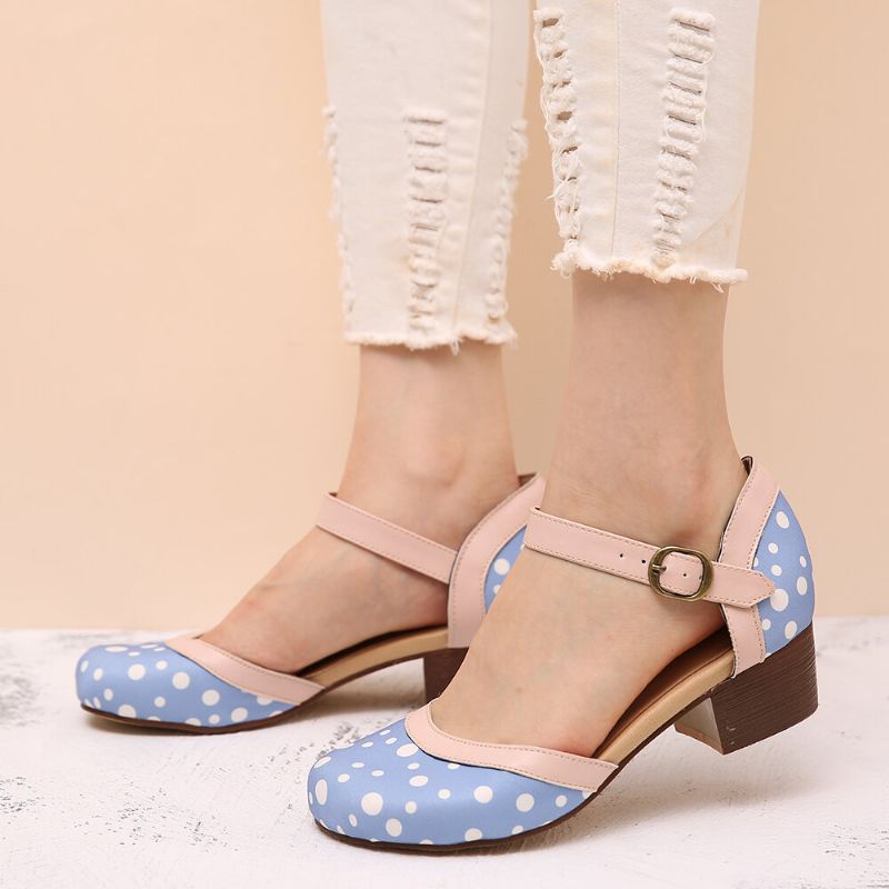 Frauen Polka Dot Round Toe Knöchelriemen Blockabsatz Lässige Bequeme Heels Pumps