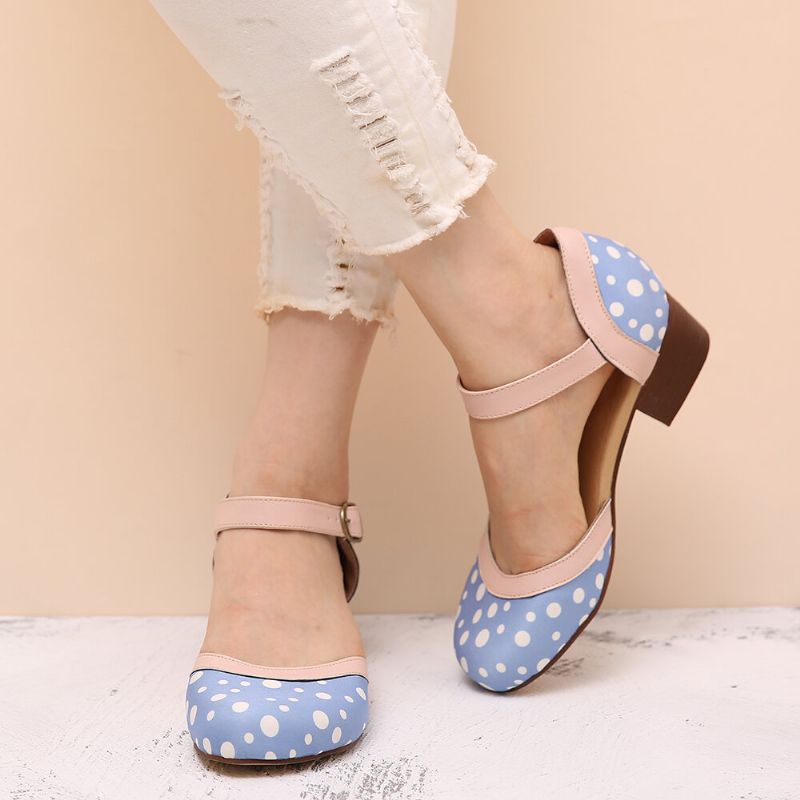 Frauen Polka Dot Round Toe Knöchelriemen Blockabsatz Lässige Bequeme Heels Pumps