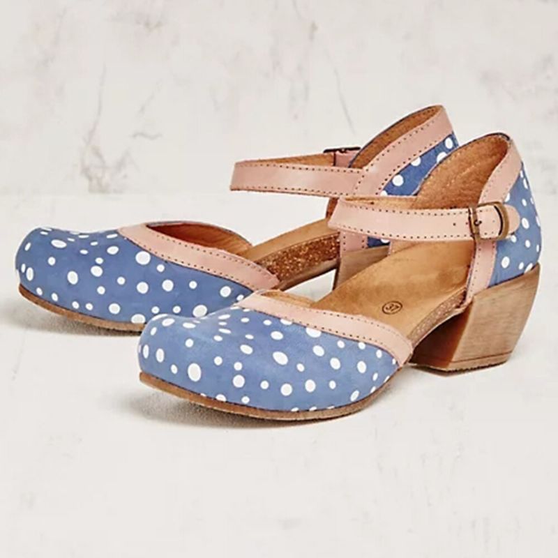 Frauen Polka Dot Round Toe Knöchelriemen Blockabsatz Lässige Bequeme Heels Pumps