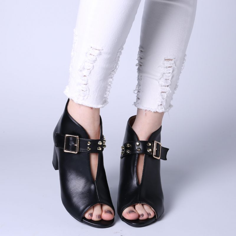 Frauen Rivet Peep Toe Buckle High Heel Chunky Heel Pumps