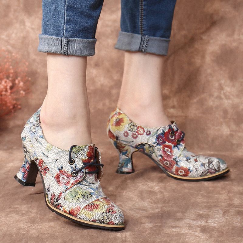 Frische Natürliche Blumen-blätter Bedruckte Bequeme Tragbare Chunky Heel Damen Lässige Schnürpumps