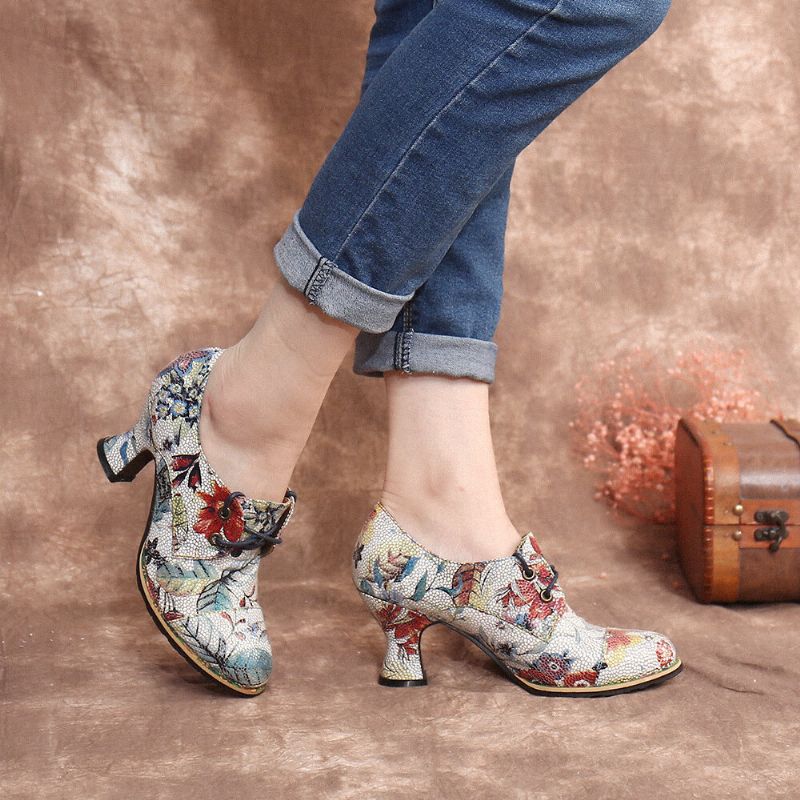 Frische Natürliche Blumen-blätter Bedruckte Bequeme Tragbare Chunky Heel Damen Lässige Schnürpumps