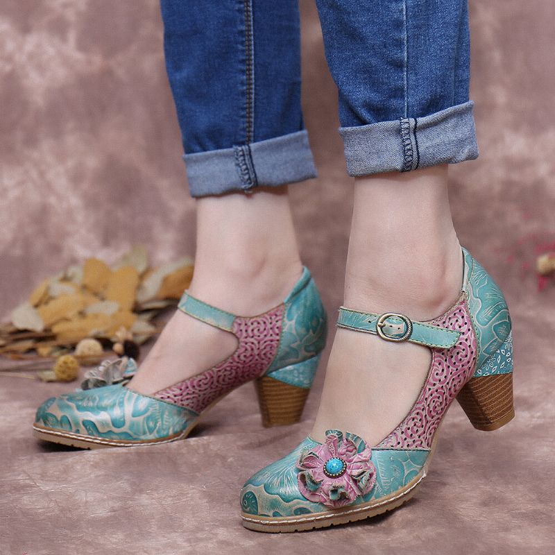 Lederschnalle Mit Blumenmuster Und Knöchelriemen Chunky Heel Pumps Mary Jane Abendschuhe