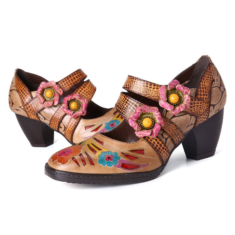 Pumps Mit Niedrigem Absatz Und Hakenschlaufe Aus Echtem Leder Mit Blumenmuster Und Retro-print