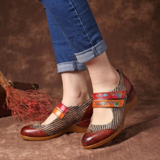 Retro Blumenmuster Echtes Leder Gespleißte Gestreifte Pumps Mit Klettverschluss