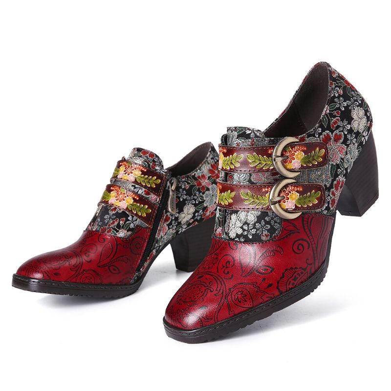 Retro Flower Metall Geprägte Schnalle Leder Pumps Mit Niedrigem Absatz Und Eckiger Zehenpartie