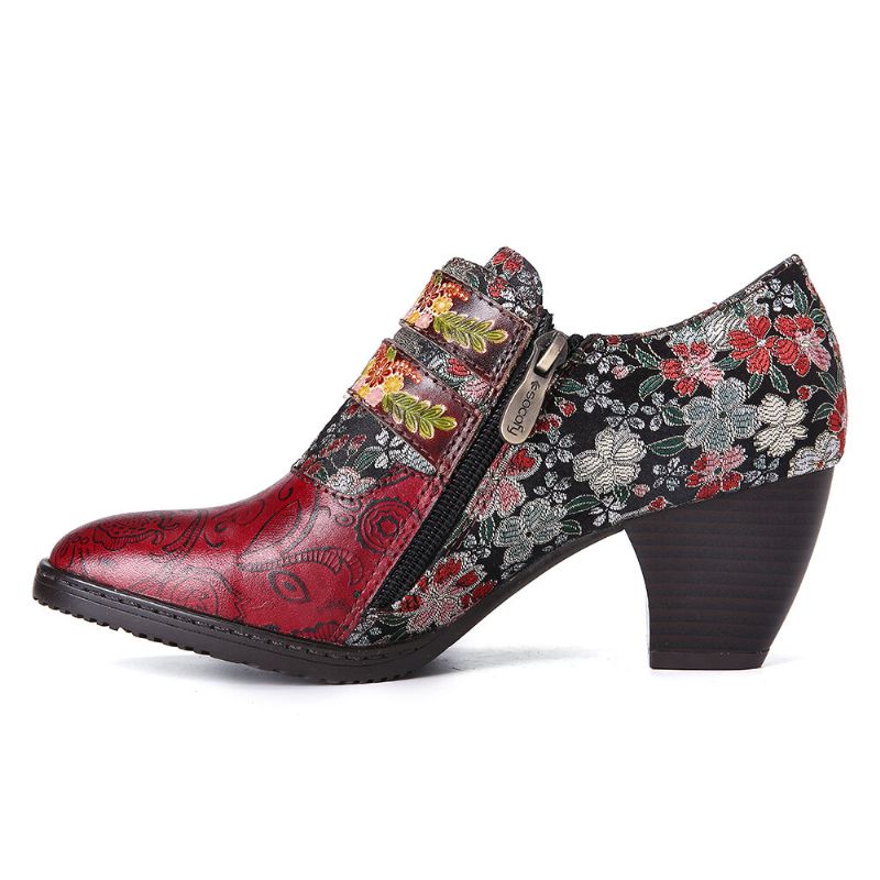 Retro Flower Metall Geprägte Schnalle Leder Pumps Mit Niedrigem Absatz Und Eckiger Zehenpartie