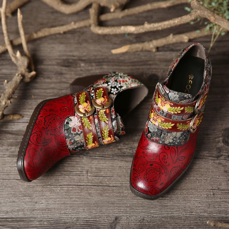 Retro Flower Metall Geprägte Schnalle Leder Pumps Mit Niedrigem Absatz Und Eckiger Zehenpartie