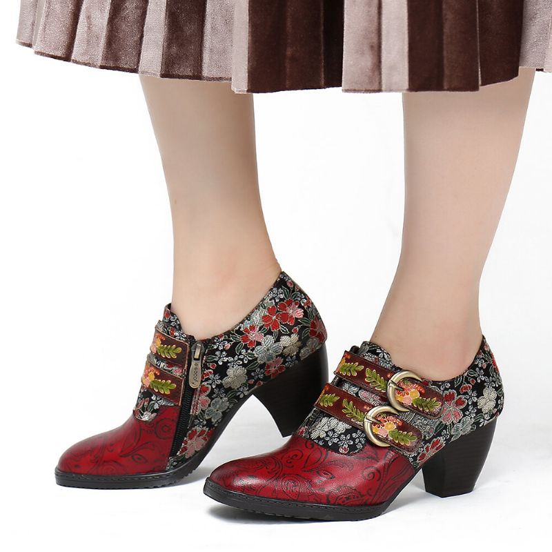 Retro Flower Metall Geprägte Schnalle Leder Pumps Mit Niedrigem Absatz Und Eckiger Zehenpartie