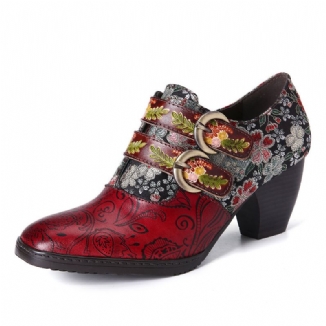 Retro Flower Metall Geprägte Schnalle Leder Pumps Mit Niedrigem Absatz Und Eckiger Zehenpartie