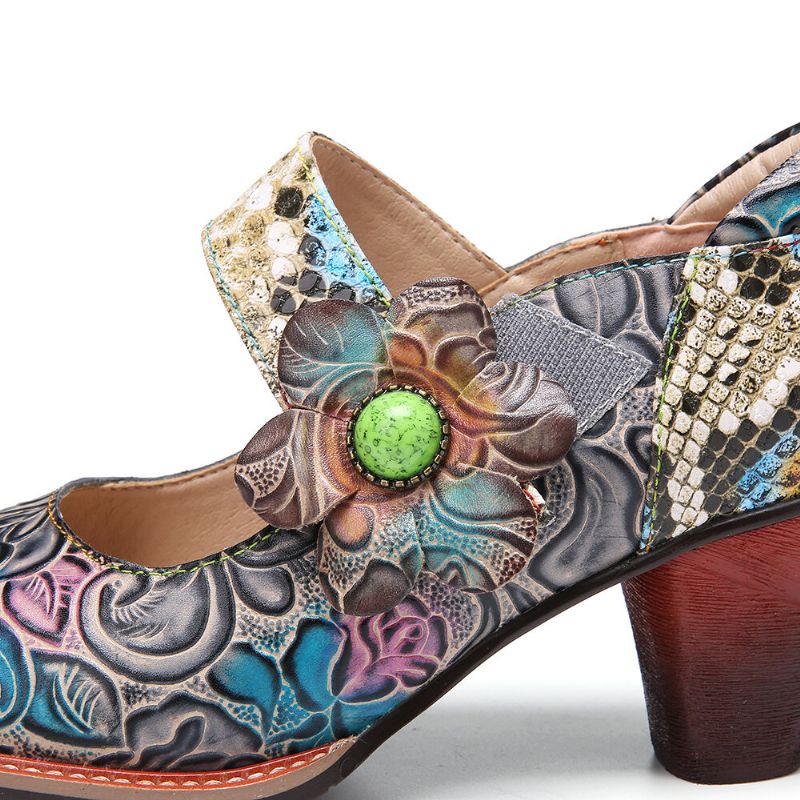 Retro-leder-blumen-spleiß-schlangenleder-pumps Mit Runder Zehenpartie Und Klobigem Absatz