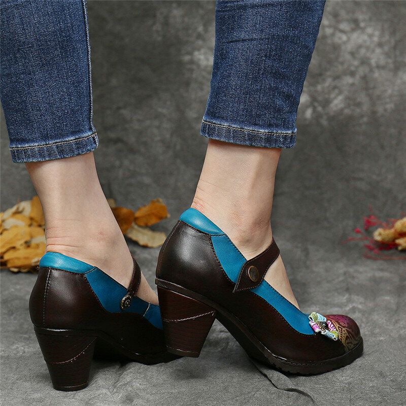 Retro-leder-blumenspleißen Chunky Heel Pumps Mary Jane-kleiderschuhe