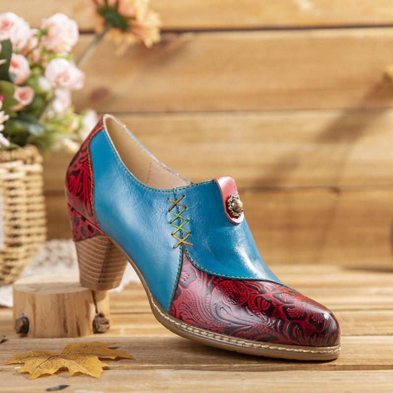 Retro-leder-perlen-blumen-geprägte Naht-reißverschluss-pumps Mit Mittlerem Absatz