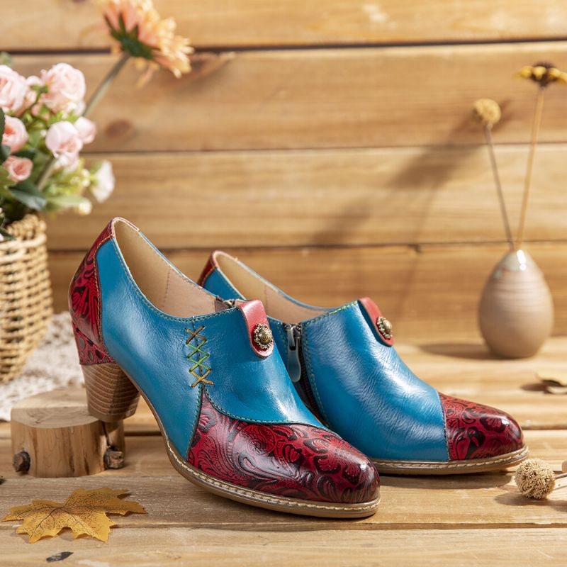 Retro-leder-perlen-blumen-geprägte Naht-reißverschluss-pumps Mit Mittlerem Absatz