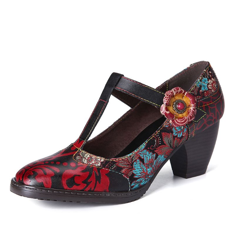 Retro-pumps Mit Blumenstickerei Und Blumen Aus Leder Mit Niedrigem Absatz Und Klettverschluss