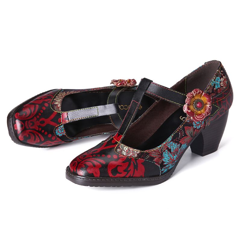 Retro-pumps Mit Blumenstickerei Und Blumen Aus Leder Mit Niedrigem Absatz Und Klettverschluss