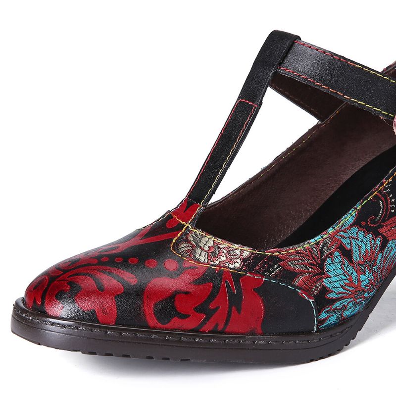 Retro-pumps Mit Blumenstickerei Und Blumen Aus Leder Mit Niedrigem Absatz Und Klettverschluss