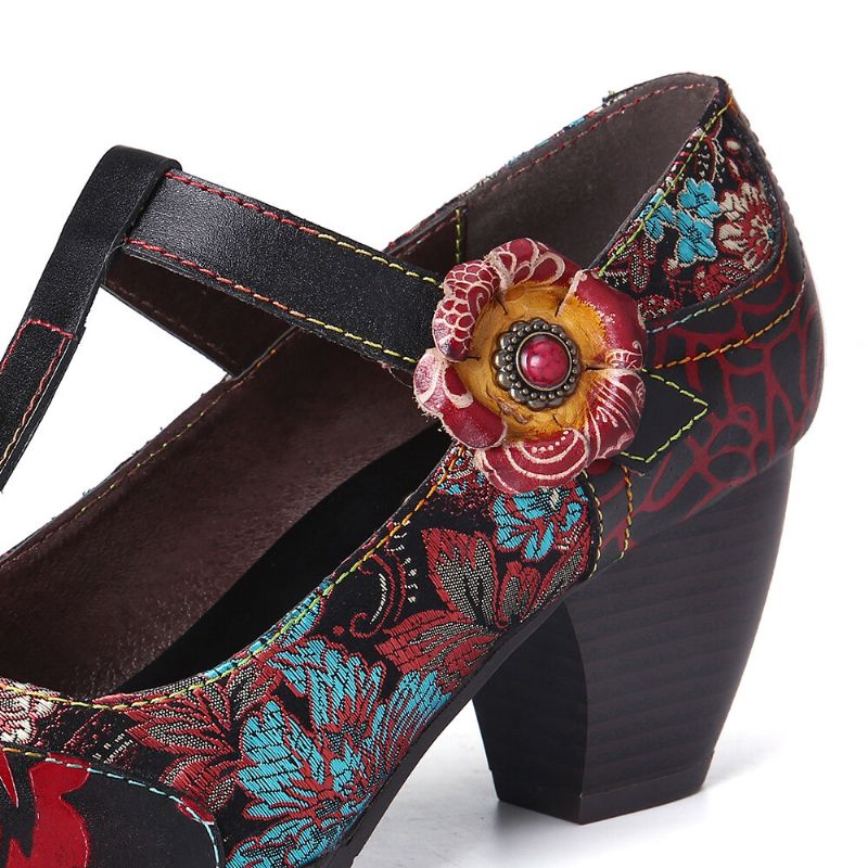 Retro-pumps Mit Blumenstickerei Und Blumen Aus Leder Mit Niedrigem Absatz Und Klettverschluss