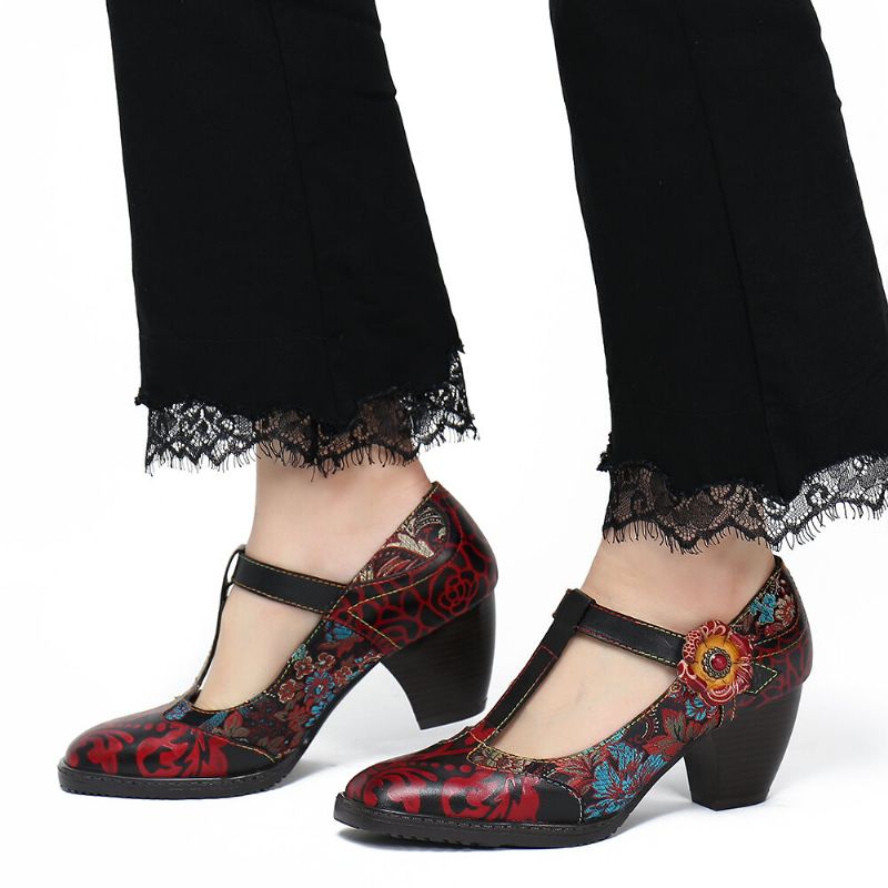 Retro-pumps Mit Blumenstickerei Und Blumen Aus Leder Mit Niedrigem Absatz Und Klettverschluss