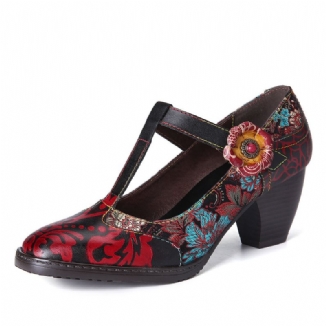 Retro-pumps Mit Blumenstickerei Und Blumen Aus Leder Mit Niedrigem Absatz Und Klettverschluss