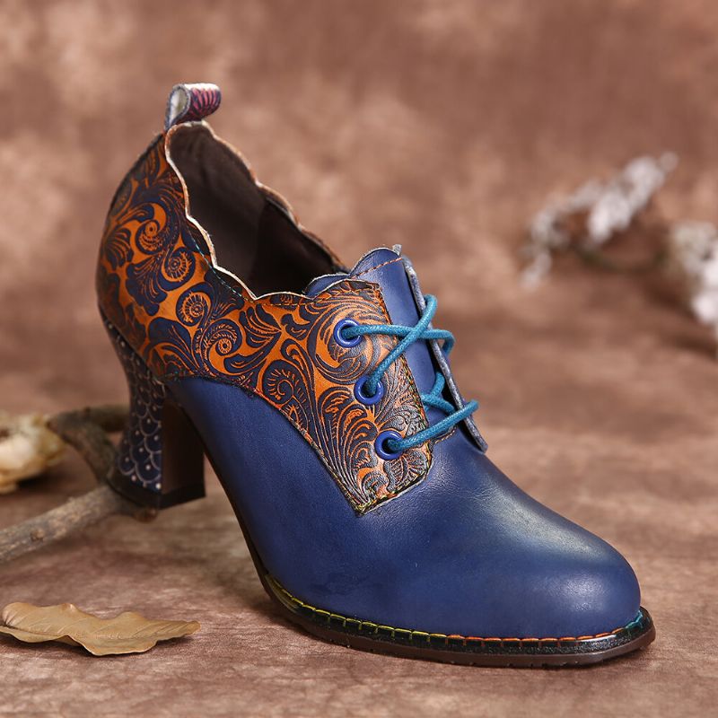 Vintage-leder-blumennähte Zum Schnüren Mit Seitlichem Reißverschluss Und Chunky-heel-pumps