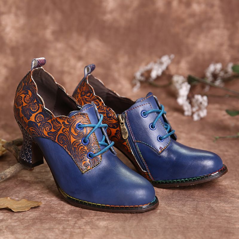 Vintage-leder-blumennähte Zum Schnüren Mit Seitlichem Reißverschluss Und Chunky-heel-pumps