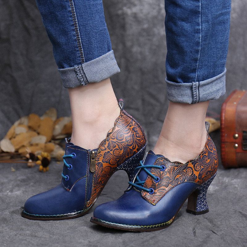 Vintage-leder-blumennähte Zum Schnüren Mit Seitlichem Reißverschluss Und Chunky-heel-pumps