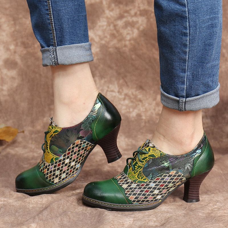 Vintage Leder Floral Plaid Splicing Lace-up Green Chunky Heel Pumps