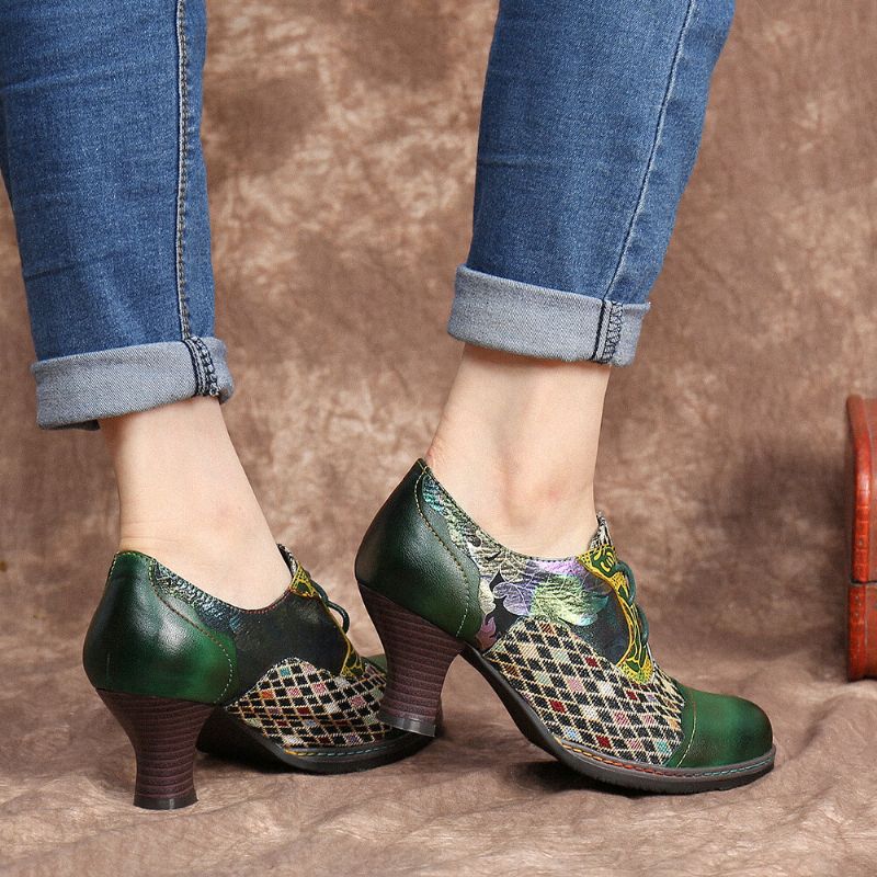 Vintage Leder Floral Plaid Splicing Lace-up Green Chunky Heel Pumps