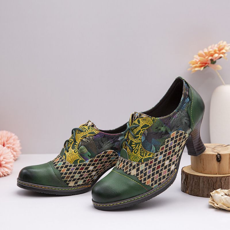 Vintage Leder Floral Plaid Splicing Lace-up Green Chunky Heel Pumps