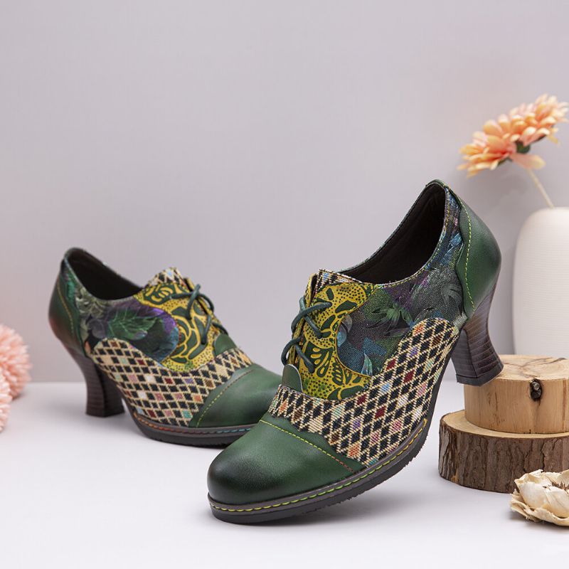 Vintage Leder Floral Plaid Splicing Lace-up Green Chunky Heel Pumps