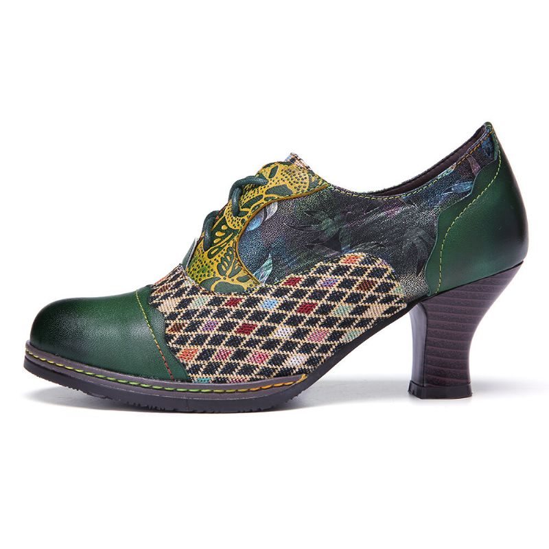 Vintage Leder Floral Plaid Splicing Lace-up Green Chunky Heel Pumps