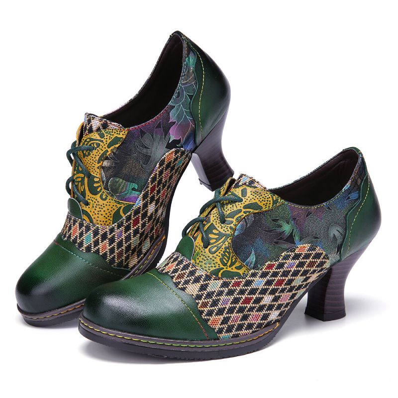 Vintage Leder Floral Plaid Splicing Lace-up Green Chunky Heel Pumps