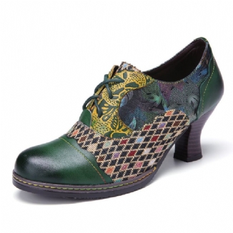 Vintage Leder Floral Plaid Splicing Lace-up Green Chunky Heel Pumps