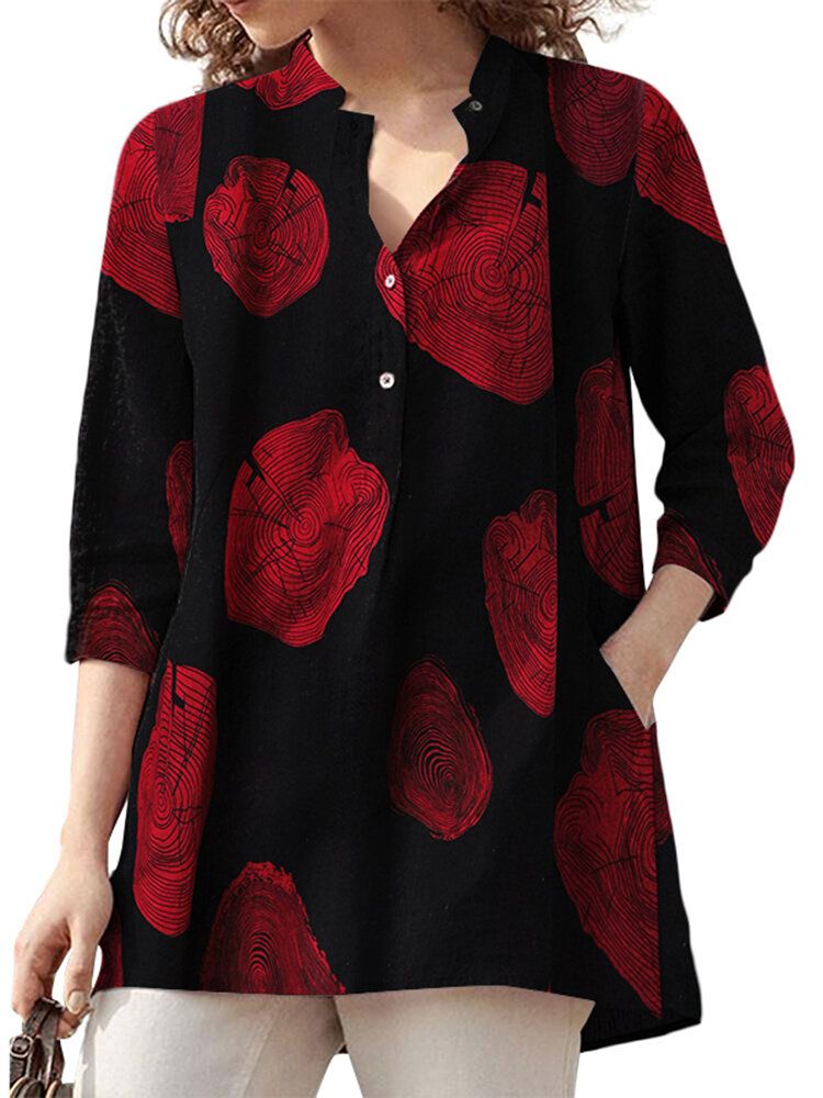 100% Baumwolle Plus Size V-ausschnitt Floral Casual Knopfmanschetten Dünne Bluse Für Frauen