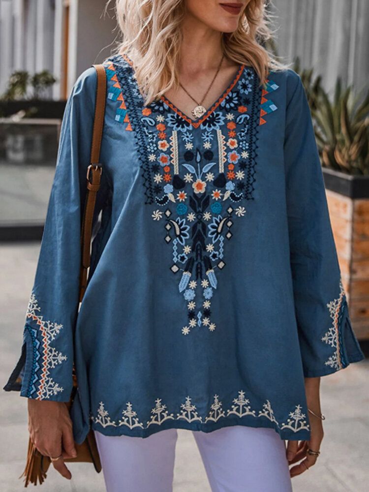 Bohemian Floral Print V-ausschnitt Langarm Holiday Ethnic Bluse Für Frauen