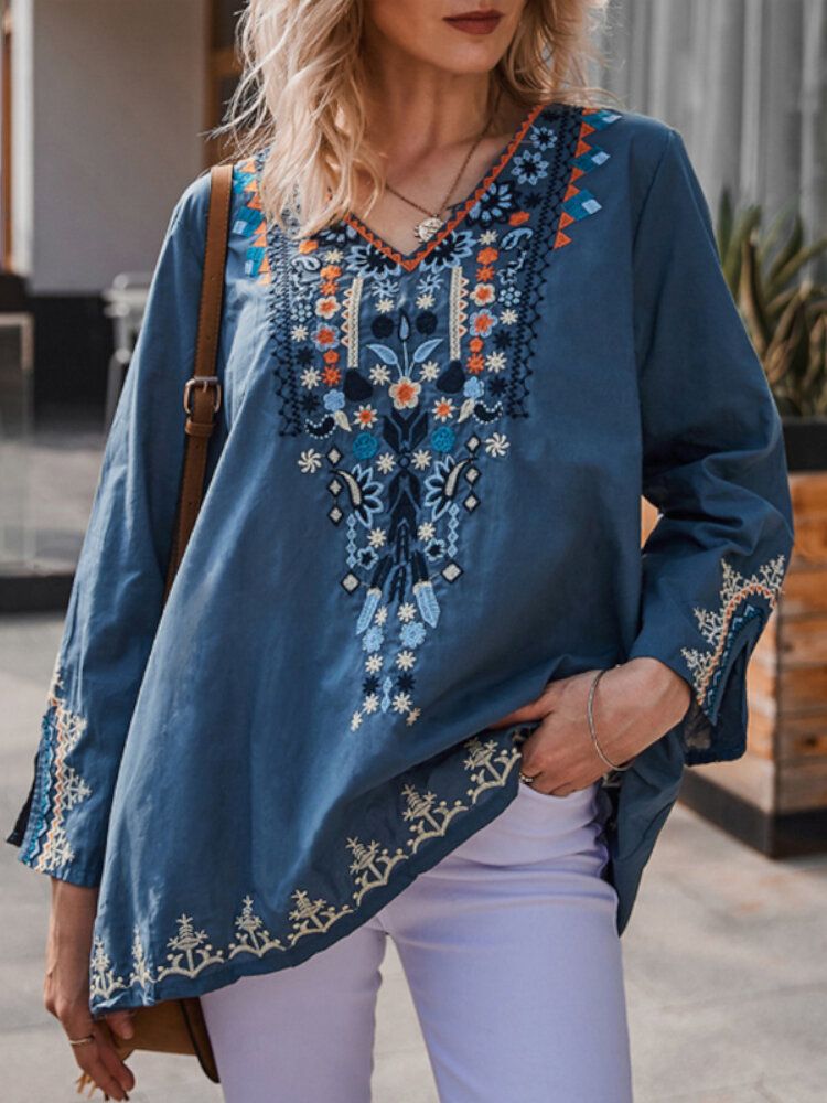 Bohemian Floral Print V-ausschnitt Langarm Holiday Ethnic Bluse Für Frauen