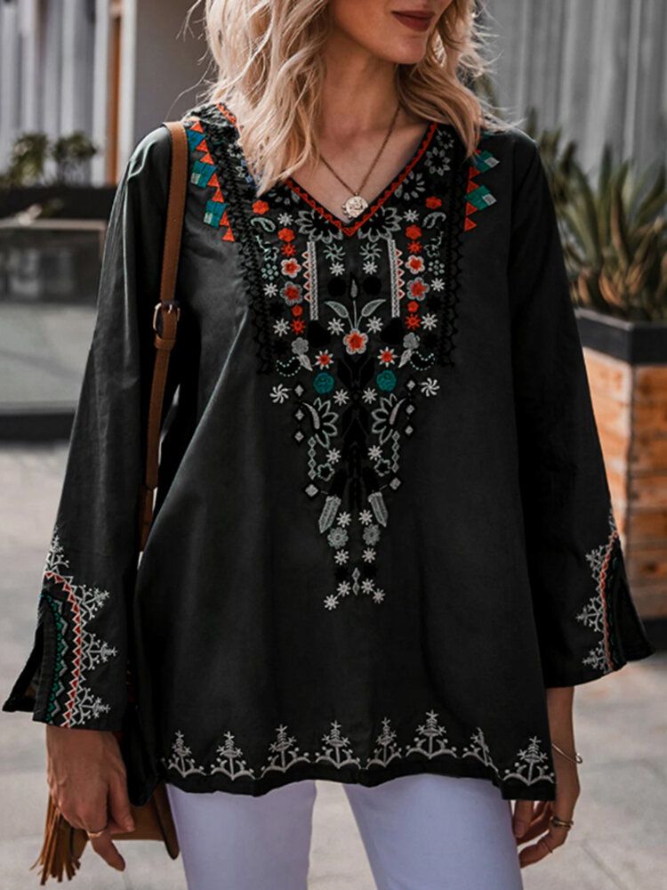 Bohemian Floral Print V-ausschnitt Langarm Holiday Ethnic Bluse Für Frauen