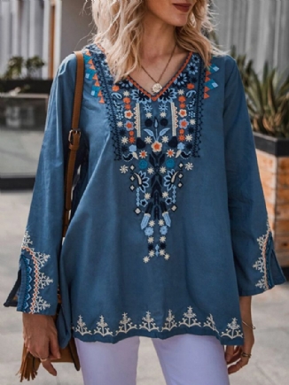 Bohemian Floral Print V-ausschnitt Langarm Holiday Ethnic Bluse Für Frauen