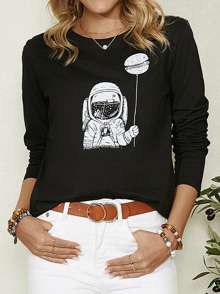 Cartoon Astronaut Print Langarm O-ausschnitt Einfache Freizeitbluse Für Frauen