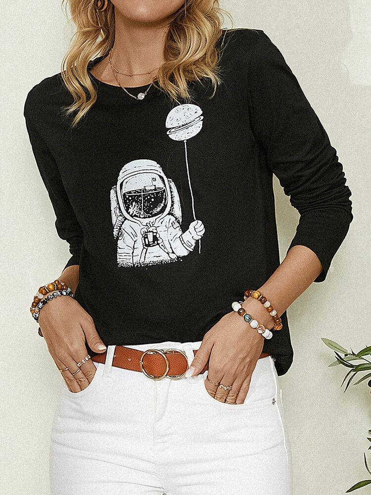 Cartoon Astronaut Print Langarm O-ausschnitt Einfache Freizeitbluse Für Frauen