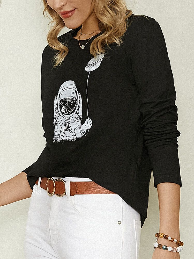 Cartoon Astronaut Print Langarm O-ausschnitt Einfache Freizeitbluse Für Frauen