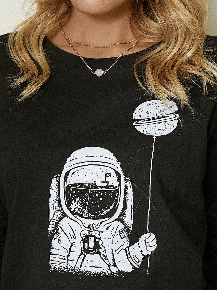 Cartoon Astronaut Print Langarm O-ausschnitt Einfache Freizeitbluse Für Frauen